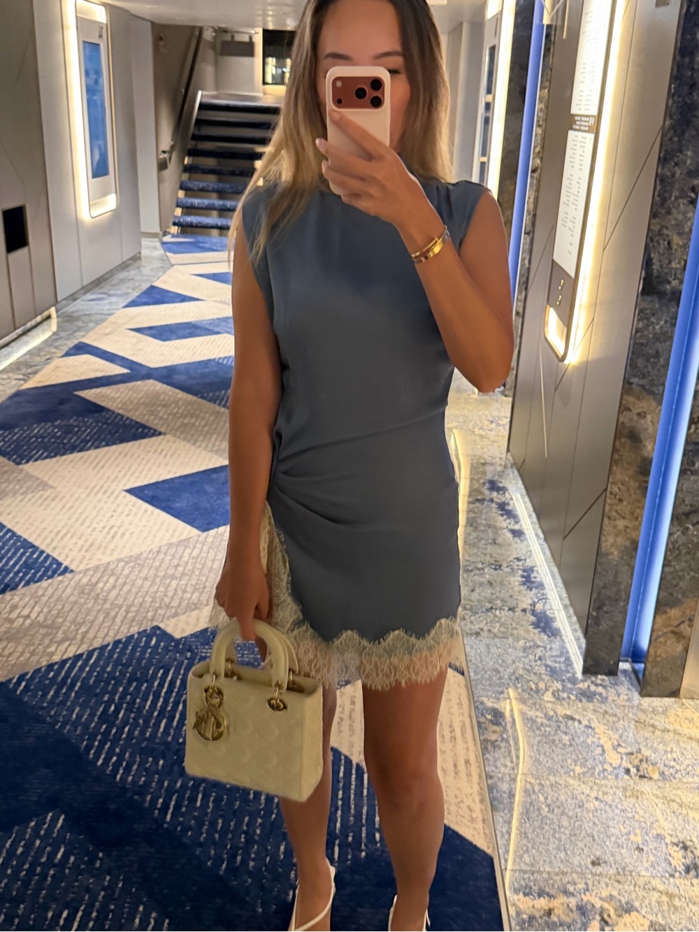 Blue Lace-Hem satin Dress Zara